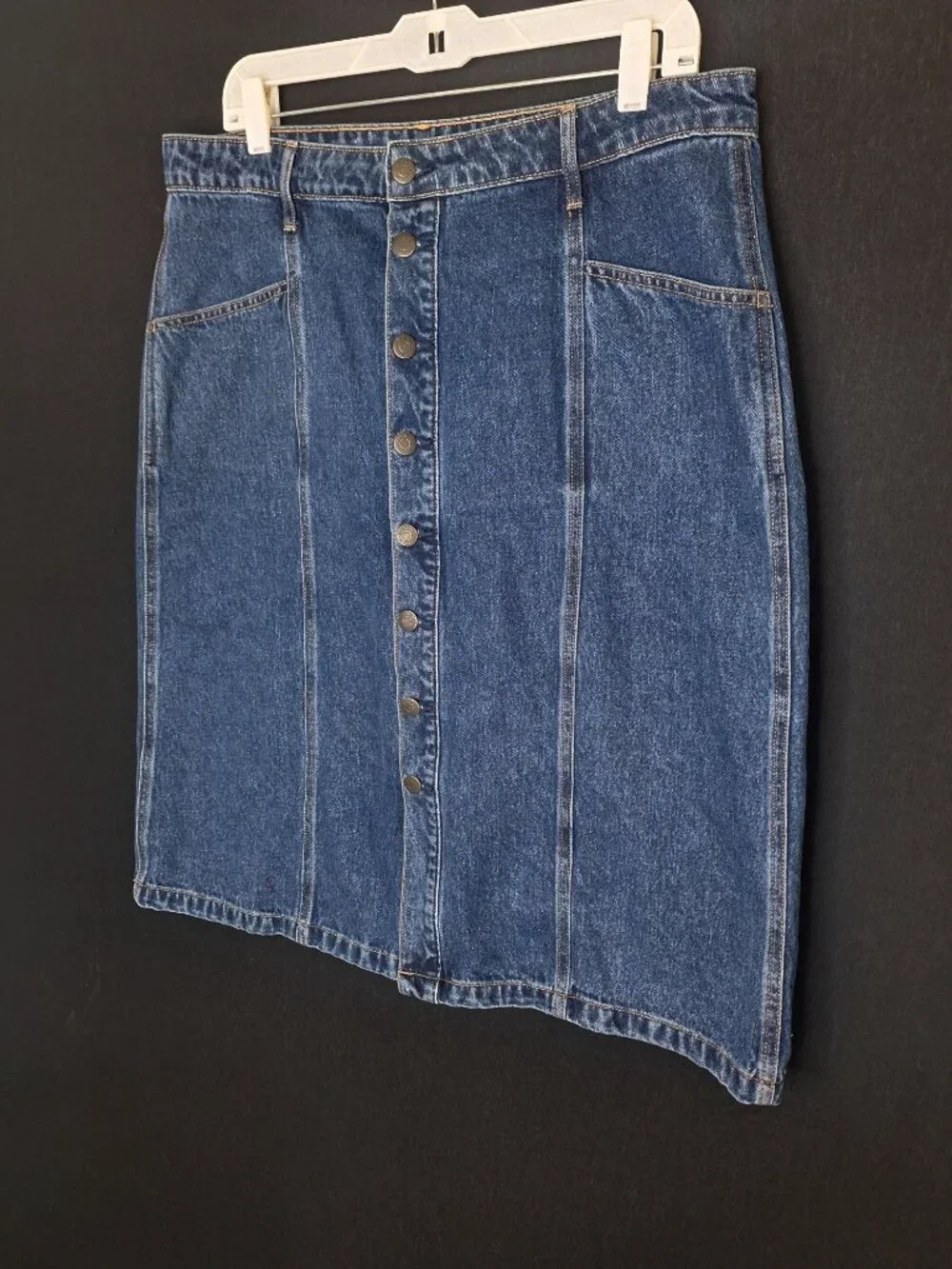 💙 Old Navy Button Front Denim Midi Skirt Size 14 Cotton Dark Wash Pockets Casua